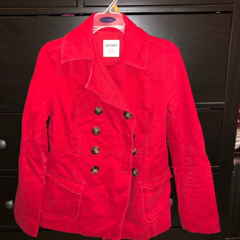 Red womens peacoat, double-breasted
